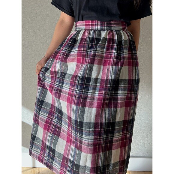 vtg‎ 80s citysquare wool plaid school skirt pink black white midi small retro - Picture 7 of 8